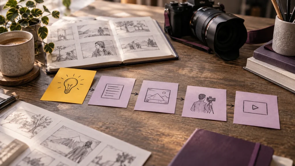 Panel visual de ideas, episodios y estructura para un formato de vídeo repetible