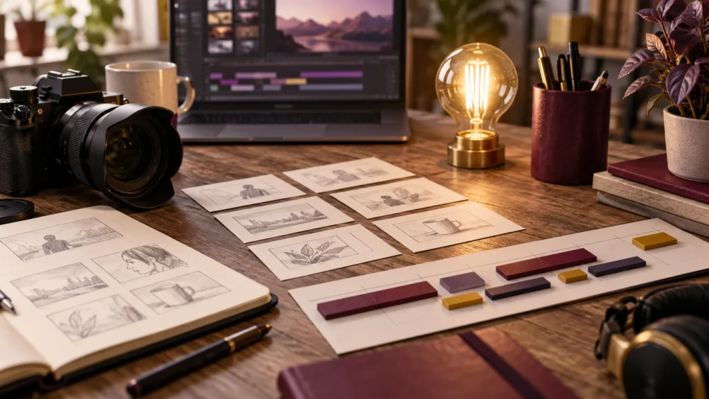 Cuaderno de planificación de vídeo con ideas, escenas y equipo de grabación