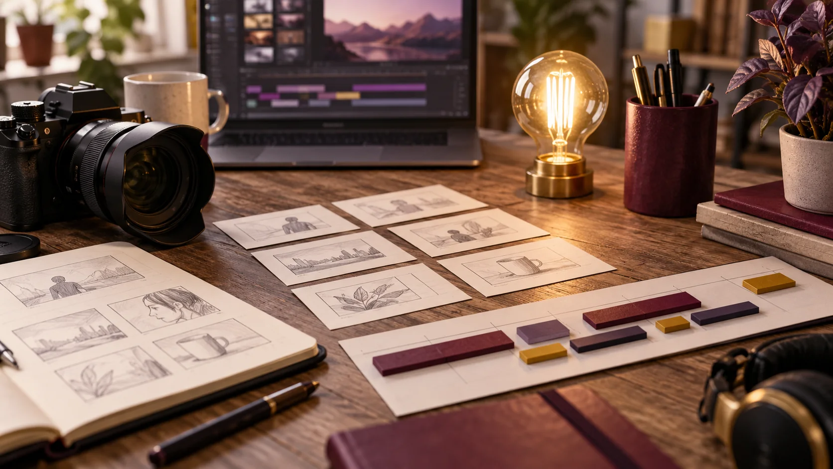 Cuaderno de planificación de vídeo con ideas, escenas y equipo de grabación