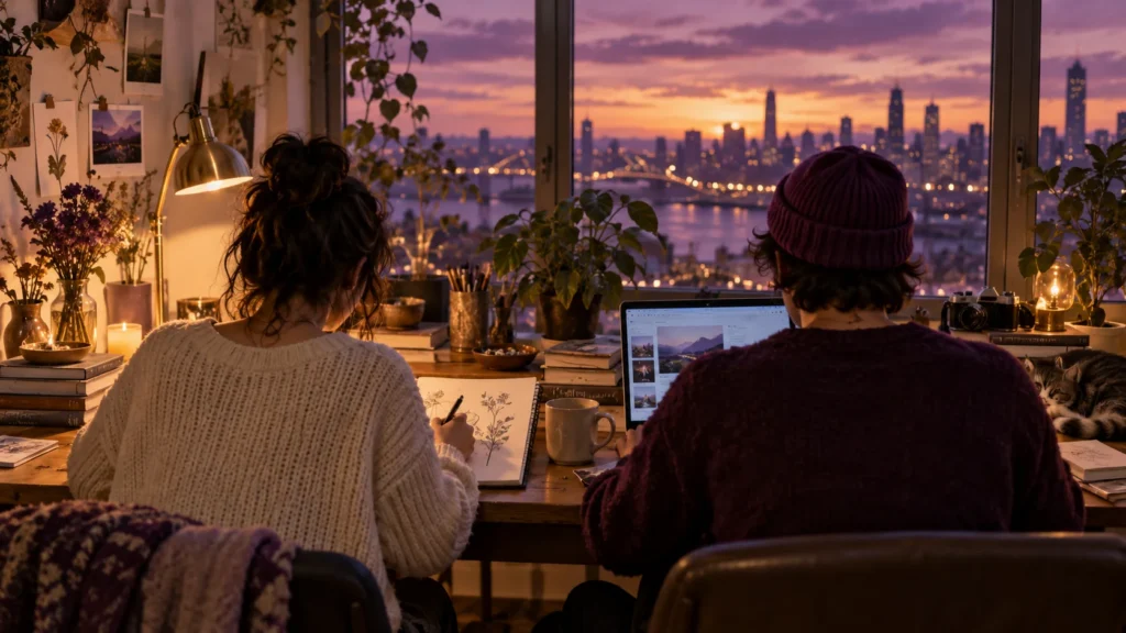 Dos creadores digitales trabajando juntos en un proyecto